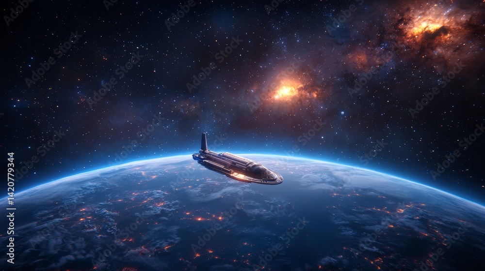 Fototapeta premium Futuristic spaceship orbiting a vibrant planet in deep space