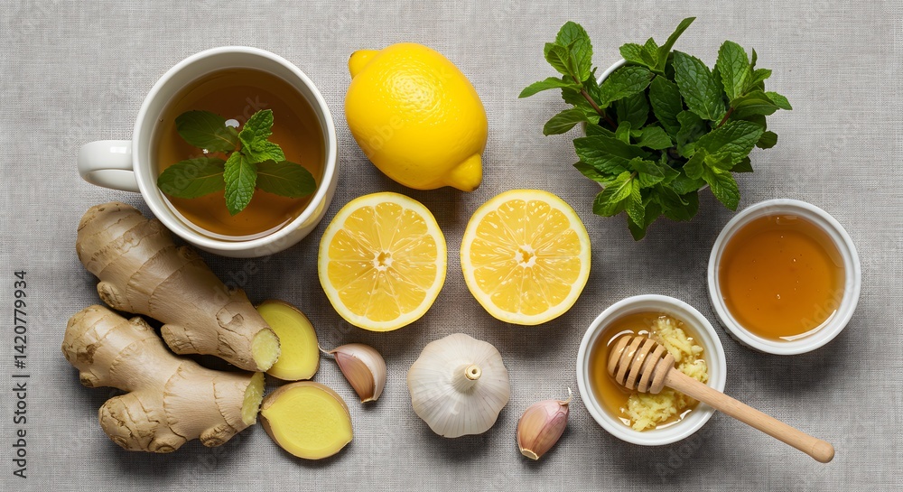 Various ingredients for a healthy herbal remedy like ginger, lemon, honey, and mint. Various ingredients for a healthy herbal remedy like ginger, lemon, honey, and mint.