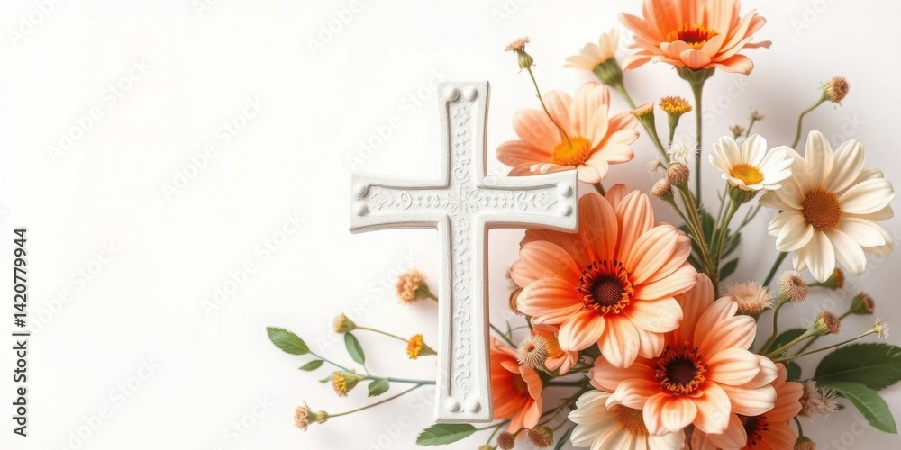 Easter Cross with Peach and White Flowers Spring Floral Arrangement Religious Symbol