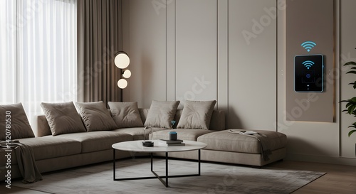 A stylish living room features smart home technology, emphasizing modern design and comfort.