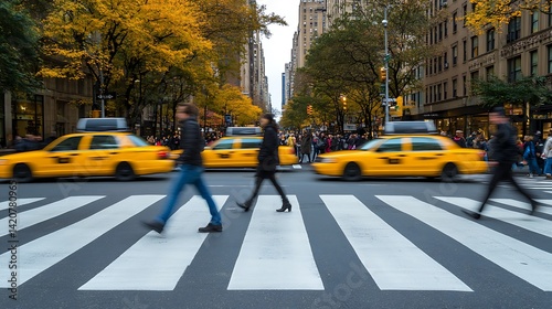 Fototapeta Naklejka Na Ścianę i Meble -  Autumnal city street scene, pedestrians crossing