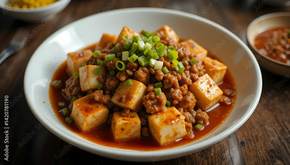Serving of Tofu with Ground Meat and Green Onions in a Bowl Serving of Tofu with Ground Meat and Green Onions in a Bowl