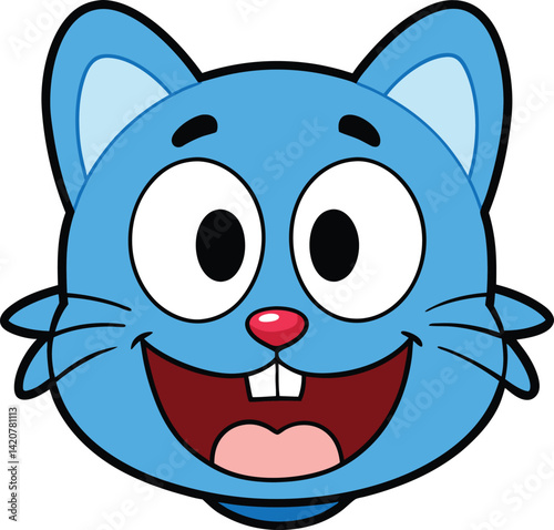 Smiling Blue Cartoon Cat Face with Big Eyes and Whiskers
