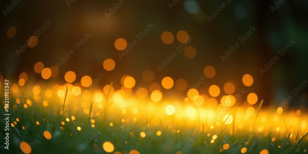 Magical Golden Bokeh Lights in Grassy Field at Night