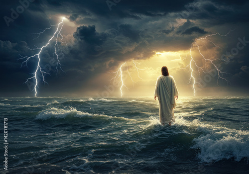 Jesus walking on water in a storm. Lightning strikes the ocean behind him, imbuing the scene with dramatic power and divine presence. photo