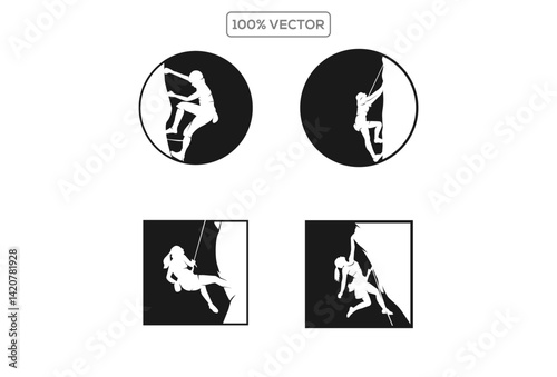 Set of mountain climbing labels, emblems and design elements. Rock climbers silhouettes collection