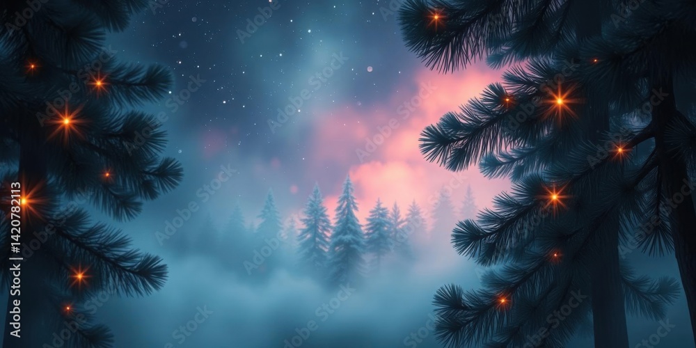 Enchanting Winter Forest Night Mystical Fog Stars Pine Trees Lights