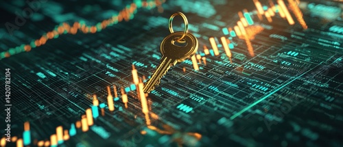 Gleaming Golden Key on a Stock Chart with Rising Values Showcasing Financial Growth and Investment Success in a High Fidelity Visualization