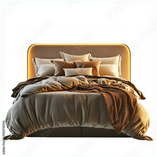 Cozy and Tranquil Bedroom Setting Featuring a Plush Bed with Elegant Bedding and Soft Pillows, Perfect for Relaxation and Comfort in a Modern Home Environment