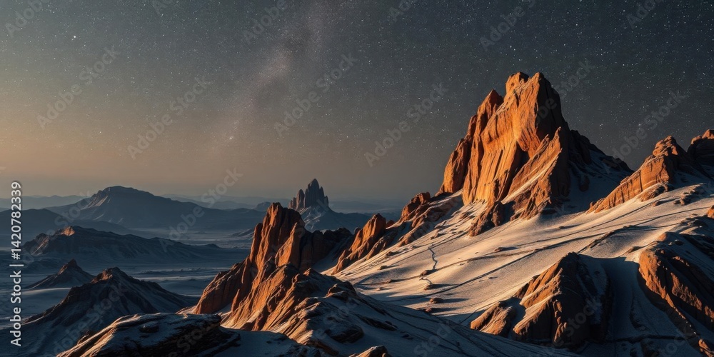 Majestic Snow Capped Mountains under Starry Night Sky