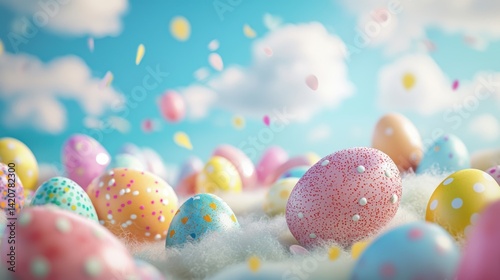 Colorful Pastel Eggs on a Soft Cloudy Background with Vibrant Shades and Playful Confetti for a Joyful Celebration Atmosphere