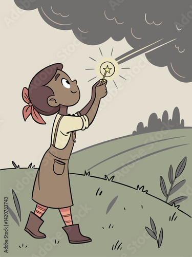 Girl with Magic Wand Conjuring Sunlight: Cartoon Illustration of Hope, Weather, and Imagination in a Field, Children's Art Style