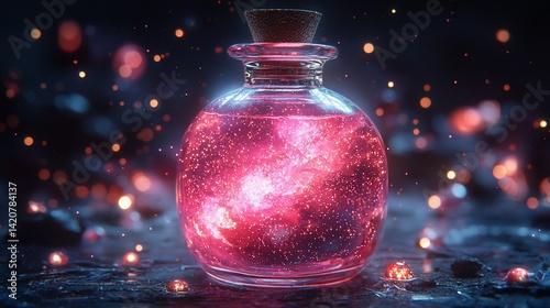 Enchanted Elixir: Captivating Pink Potion in Glass Bottle with Sparkling Light