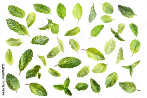Fresh mint leaves scattered on white background