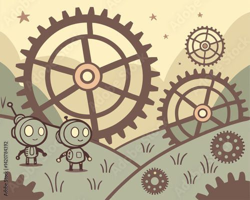 Cute Cartoon Robots in Steampunk Landscape with Gears: Whimsical Illustration of Mechanical Characters in a Fantasy World