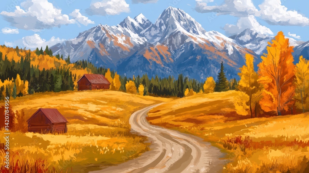 Naklejka premium Autumn path winds past cabins towards snowcapped mountains under a cloudy sky