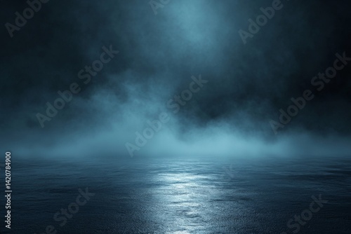 Dark, misty, reflective surface lit by a soft blue light