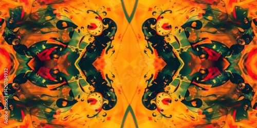Obraz na płótnie Abstract Kaleidoscope Orange Green Red Swirls Symmetrical Design Psychedelic Art Background Texture w salonie