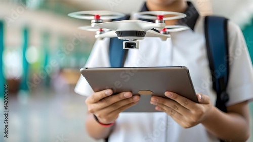 Incorporating Technology in the Classroom concept A student controls a drone using a tablet in a modern indoor setting.