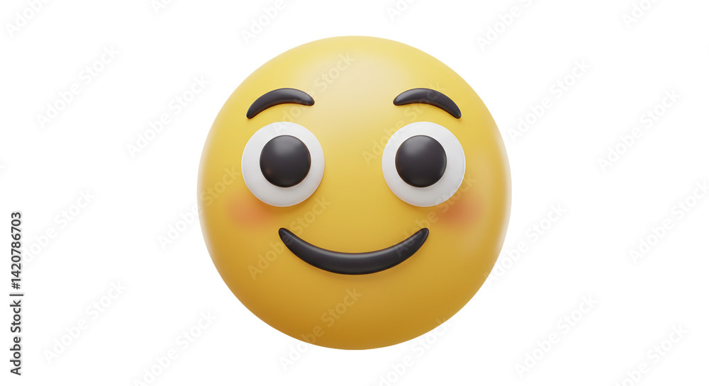 Fototapeta premium 3D smiley face emoji with happy expression and raised brows isolated on white background, ideal for chat apps, social reactions, emoji libraries, and digital communication symbols