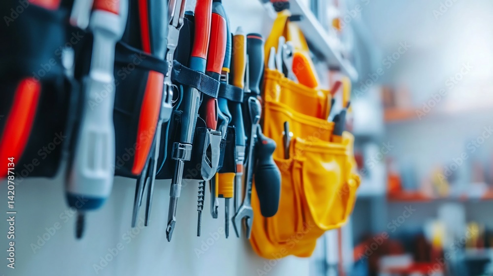 Fototapeta premium Well-organized wall mounted tool bag showcases a variety of hand instruments