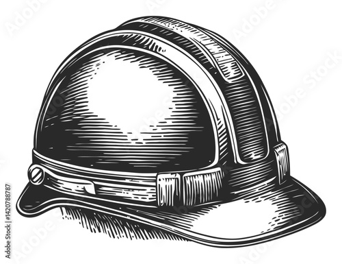 Detailed Engraving of a Hand-Drawn Construction Safety Helmet