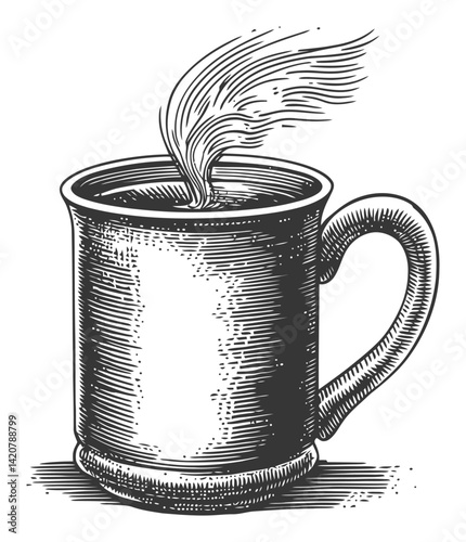 Hand-Drawn Engraving of a Steaming Mug with Artful Details