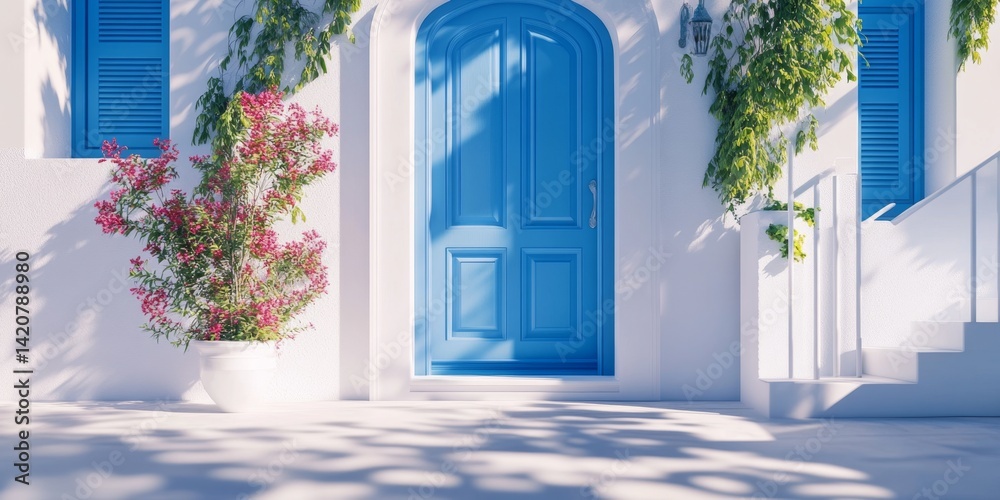 Fototapeta premium Mediterranean-style home exterior with vibrant colors and lush landscaping