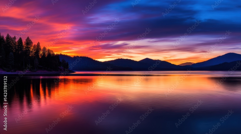 Fototapeta premium Serene sunset over a tranquil lake surrounded by mountains and forests reflecting vibrant color