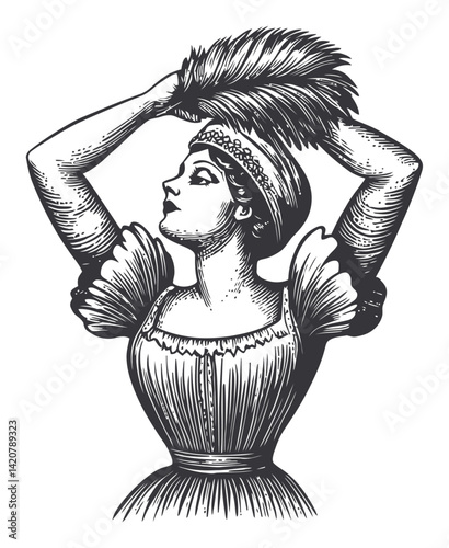 Elegant Hand-Drawn Engraving of a Graceful Woman Adjusting Hat