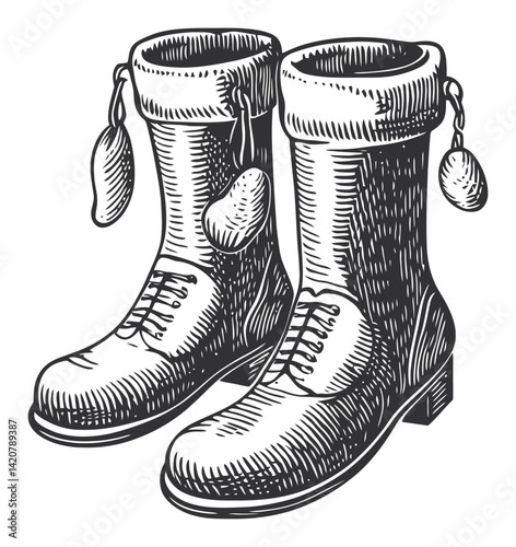 Hand-Drawn Engraving of Vintage Rubber Boots with Unique Design