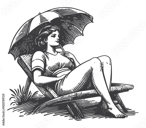 Hand-Drawn Engraving of Woman Relaxing Under Umbrella on Beach