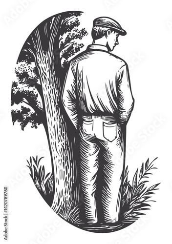 Vintage Hand-Drawn Illustration of a Man by a Tree in Nature