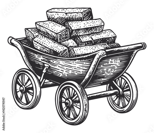 Vintage Hand-Drawn Engraving of Wheelbarrow Filled with Bricks