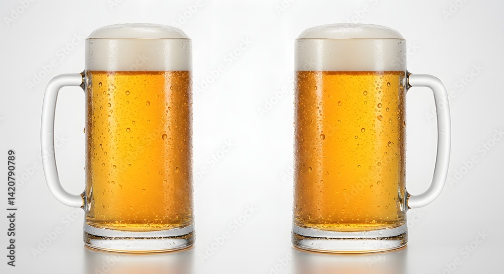 Two large, chilled mugs of beer with creamy foam and refreshing condensation against a white background. Two large, chilled mugs of beer with creamy foam and refreshing condensation against a white background.