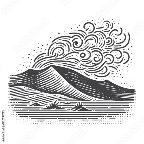 Simple Desert Landscape with Sandstorm Vector Icon Design – Vintage Retro Logo & Illustration