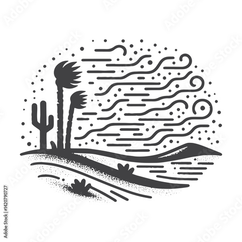 Simple Desert Landscape with Sandstorm Vector Icon Design – Vintage Retro Logo & Illustration