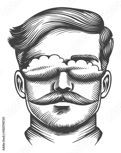 Vintage Engraving of Hand-Drawn Man with Clouds Over Eyes