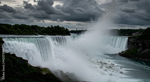 Magnificent view of Niagara Falls, showcasing its impressive natural beauty and cloudy skies.