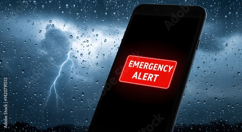 A smartphone displaying an emergency alert with a dramatic thunderstorm backdrop.