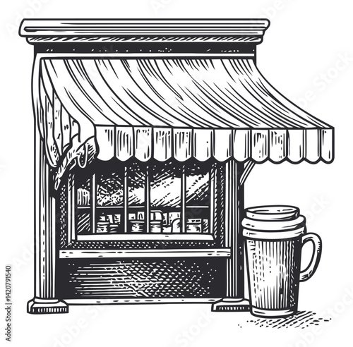 Hand-Drawn Engraving of a Cozy Coffee Shop with Awning and Cup