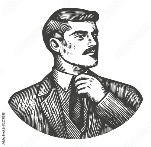 Vintage Engraving of a Thoughtful Man Adjusting His Tie