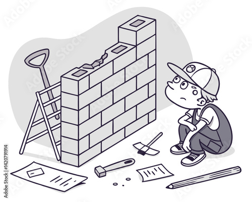 Cartoon Bricklayer Staring at Unfinished Brick Wall: Construction Worker, Building Project, Frustration, Ladder, Tools, Illustration
