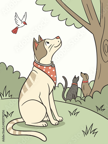Cute Cartoon Dog Watching Bird with Cat & Puppy Friends Under Tree - Whimsical Animal Illustration for Kids & Pet Lovers