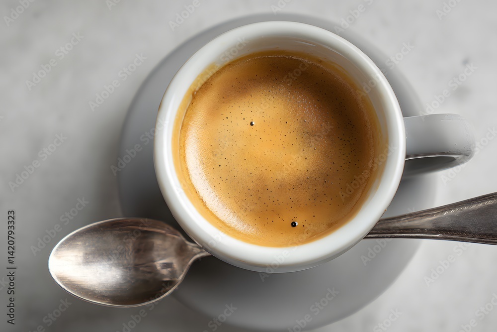 Perfectly Brewed Cup of Espresso Captured in Detail from Above with Spoon and Saucer Perfectly Brewed Cup of Espresso Captured in Detail from Above with Spoon and Saucer