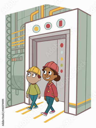 Cartoon Illustration: Two Construction Workers Entering an Industrial Elevator, Wearing Hard Hats, Vector Graphic Style