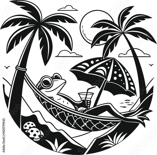 A vector illustration shows a hammock on a tropical island beach with palm trees under the summer sun, suggesting a paradise vacation