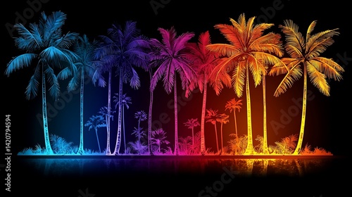 Vibrant Palm Trees in Neon Hues Against a Dark Background