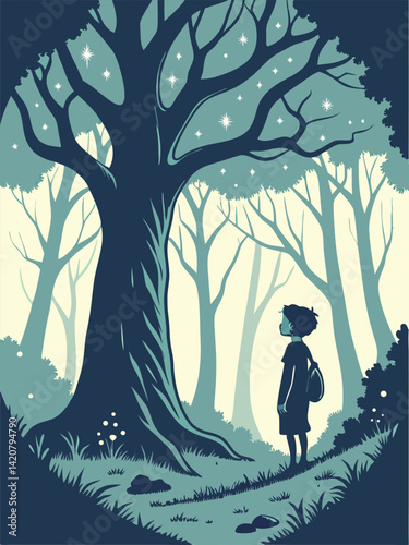 Whimsical Forest Illustration: Boy Gazing at Starry Tree, Stylized Nature Art Print, Fantasy Landscape, Children's Room Decor, Dreamy Scene