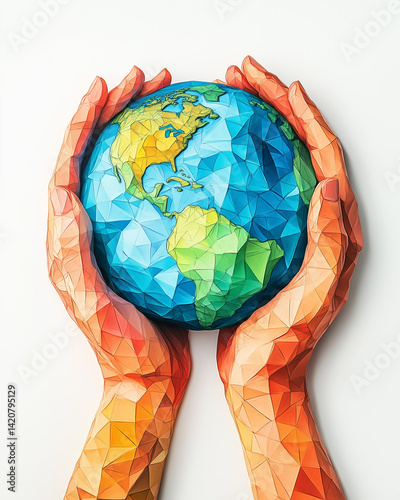 Polygonal Hands Holding the Globe Representing Global Unity and Care